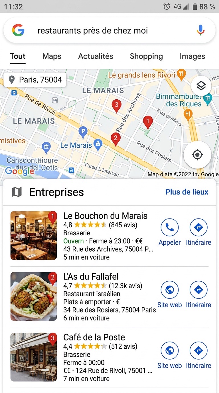Capture d'écran du 3-Pack Google Maps avec entreprises locales